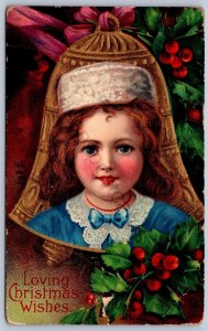 K16/ Merry Christmas Postcard c1910 Girl Pretty Bell Flowers  443