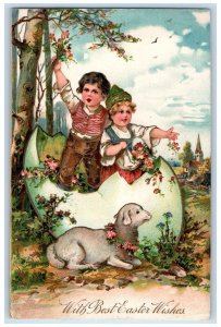 c1910's Easter Wishes Children In Hatched Egg Flowers Lamb Embossed Postcard