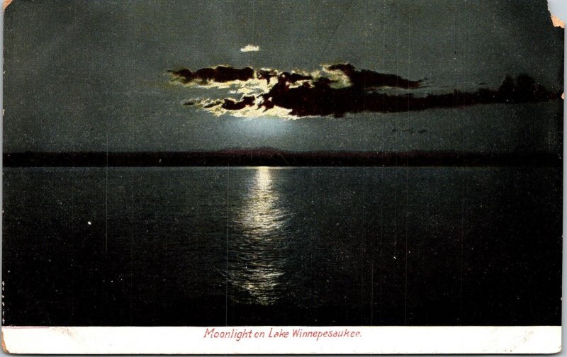 Lake Winnepesaukee New Hampshire Moonlight Nighttime Scenic UDB Postcard 