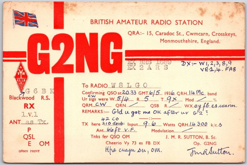 Radio Card G2NG Monmouthshire England British Amateur Radio Station Postcard