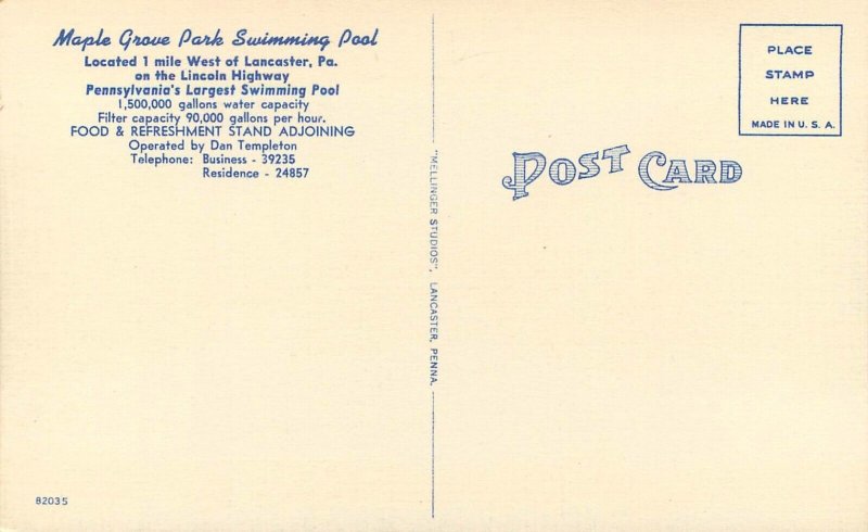 Pennsylvania Lancaster Maple Grove Park Swimming Pool 1940s Postcard 22-10310