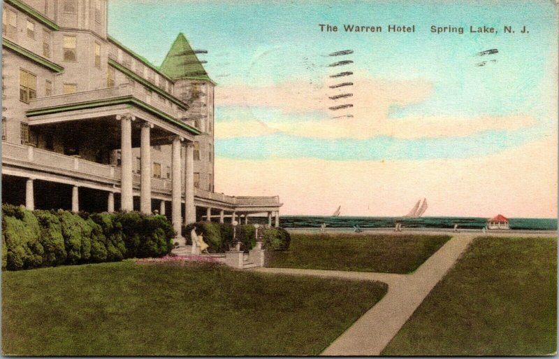 Vtg 1930's The Warren Hotel Spring Lake New Jersey NJ Linen Postcard