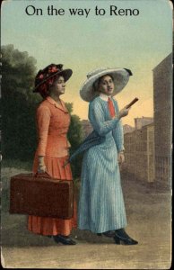 Pretty Young Women With Suitcase On the Way to Reno c1910 Vintage Postcard