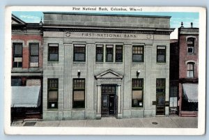 Columbus Wisconsin Postcard First National Bank Exterior Building c1940 Vintage