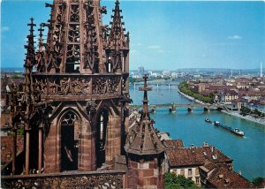 Switzerland Postkarte Rhein bridges & Cathedral tower sailing vessel