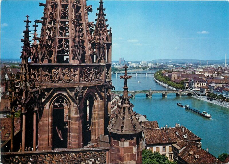 Switzerland Postkarte Rhein bridges & Cathedral tower sailing vessel