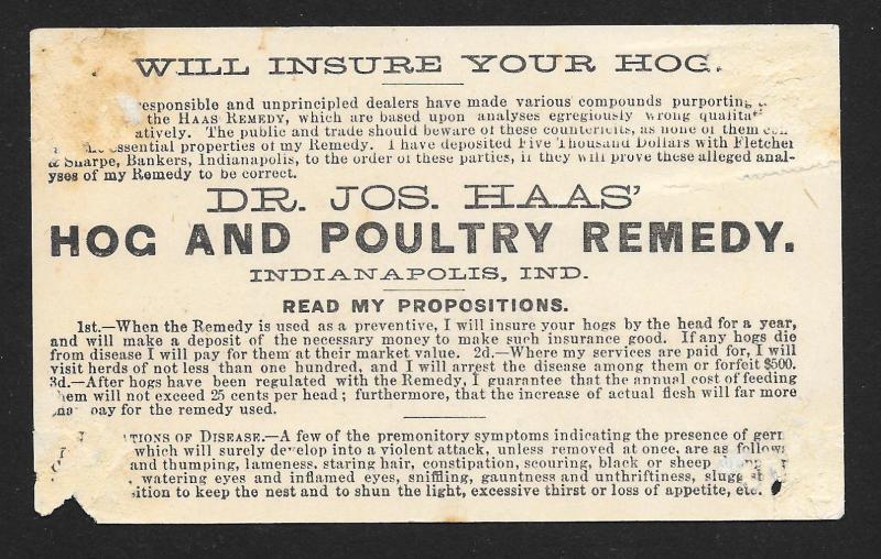 VICTORIAN TRADE CARD Dr Haas Hog & Poultry Remedy 'Yum Yum' Pig 2 Chickens c1882