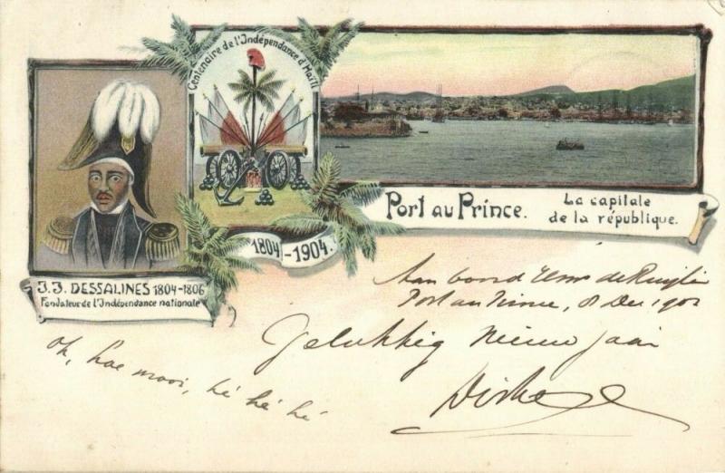 haiti, PORT-au-PRINCE, Panorama, Coat of Arms, Emperor Dessalines (1903) Litho