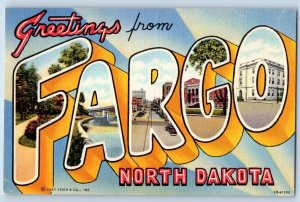 Fargo North Dakota ND Postcard Large Letter Greetings Landmarks c1940's Vintage