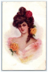Fairbank Alaska AK Postcard Pretty Woman American Girl Curly Hair Flowers 1909