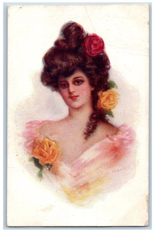 Fairbank Alaska AK Postcard Pretty Woman American Girl Curly Hair Flowers 1909