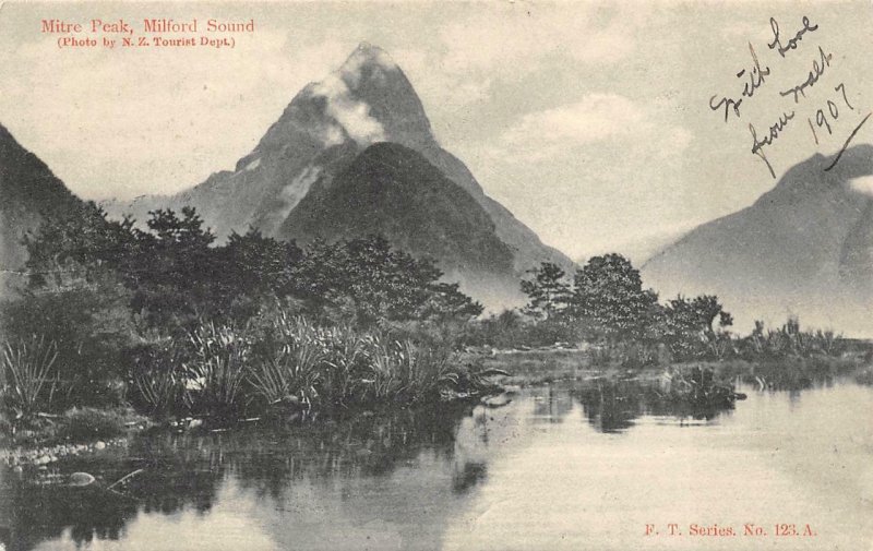 MITRE PEAK MILFORD SOUND NEW ZEALAND TO OGDEN UTAH PRECANCEL STAMP POSTCARD 1907