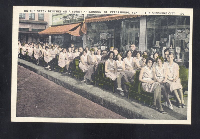 ST. PETERSBURG FLORIDA DOWNTOWN GREEN BENCHES VINTAGE POSTCARD