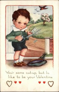 VALENTINE Little Boy Cuts Up Papers c1910 Postcard