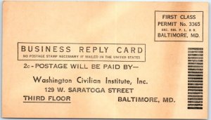 Washington Civilian Institute, Inc., Business Reply Card - Baltimore, Maryland