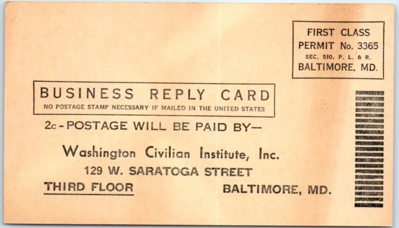 Washington Civilian Institute, Inc., Business Reply Card - Baltimore, Maryland