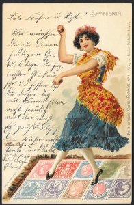 SPAIN Stamps on Postcard Lady Dancing Used c1905