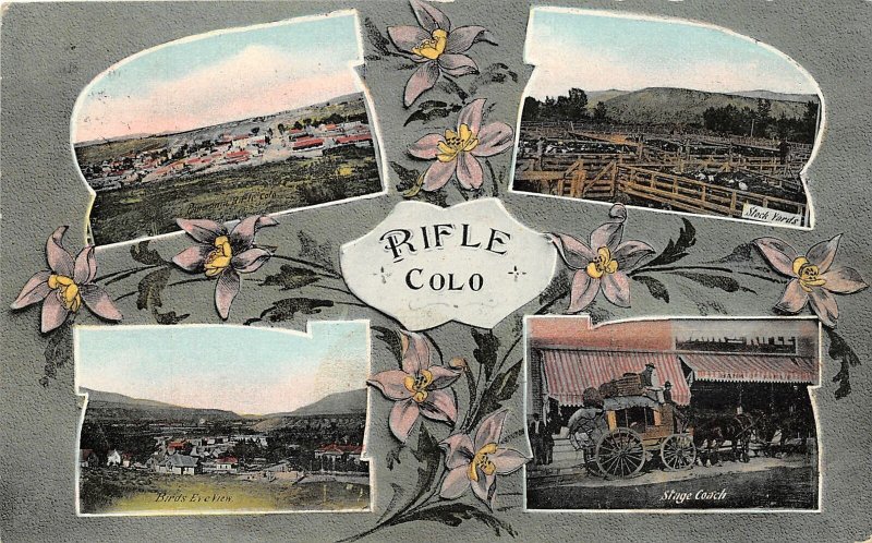 J24/ Rifle Colorado Postcard c1910 4View Stock Yards Stagecoach Birdseye 211