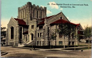 Postcard First Baptist Church at Linwood and Park in Kansas City, Missouri