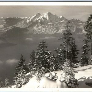 c1930s Rigi Kaltbad, Switzerland RPPC Pilatus Peak Snow Forest Winter Photo A348