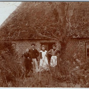 c1910s Europe Lovely House Family RPPC Farm Thatched Roof Housewife Broom A192