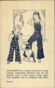 Children's Clothing Girls in Patterened Overalls Dog KLAD-EZEE Postcard