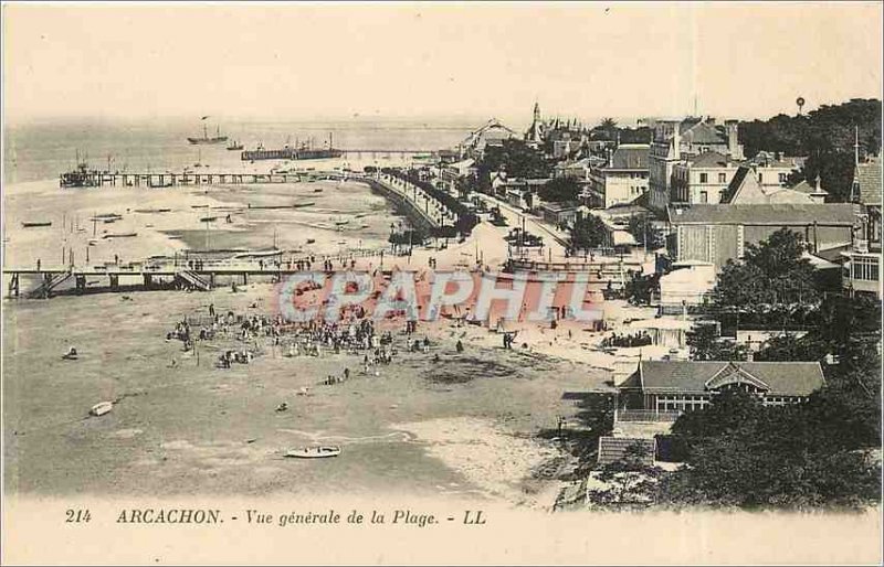 Old Postcard Arcachon General view of the Beach