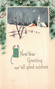 Vintage Postcard 1910's A New Year Greeting and All Good Wishes Winter Snow Moon