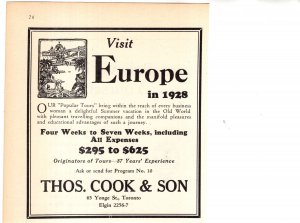 Visit Europe, Business Woman Magazine Toronto 1928, Thom Cook Travel Advertising