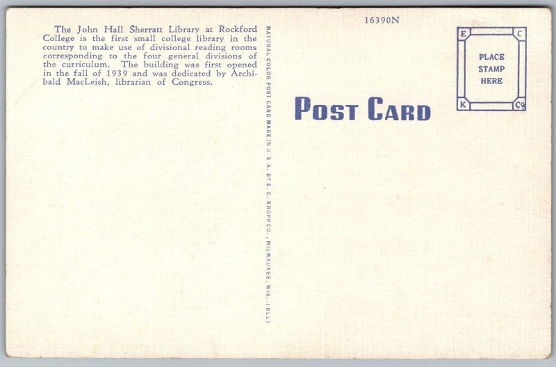 Vtg Illinois IL John Hall Sherratt Library Rockford College 1940s View Postcard