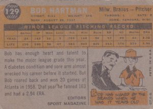 1960 Topps Baseball Card Bob Hartman Milwaukee Braves sk10605