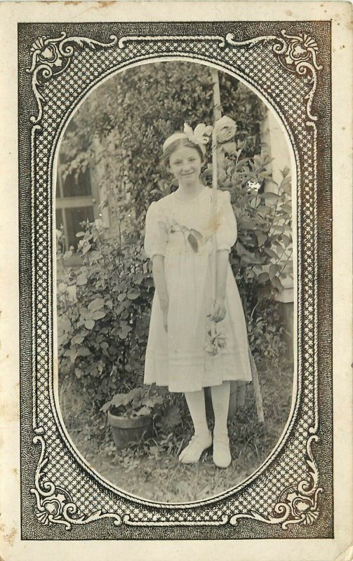 c1910 RPPC Young Girl in White with Roses, Decorative Vignette, Unknown US