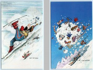 2 Postcards SKIER SKIING Chaos Comic Humor ~ Artist GARY PATTERSON 3¾x6