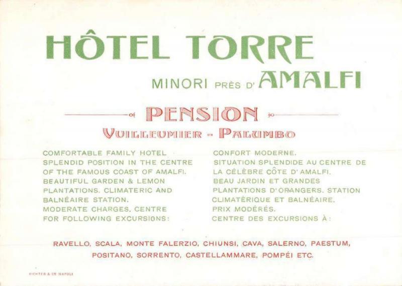 Minori Italy Hotel Torre Waterfront Antique Postcard K97406
