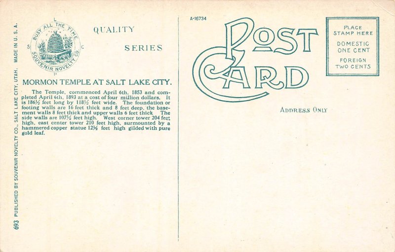 The Mormon Temple, Salt Lake City, Utah, Early Postcard, Unused