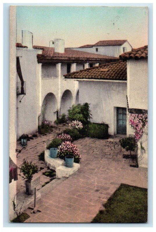 1936 Outer Court De La Guerra Studios Santa Barbara CA Handcolored Postcard