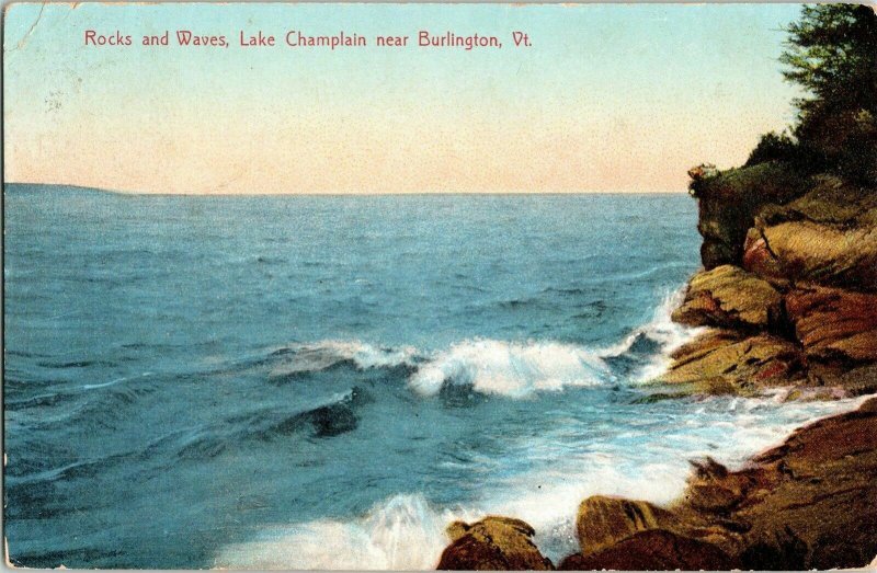 Rocks Waves Lake Champlain Burlington Vermont Vt 1c Franklin Stamp Postcard WOB 