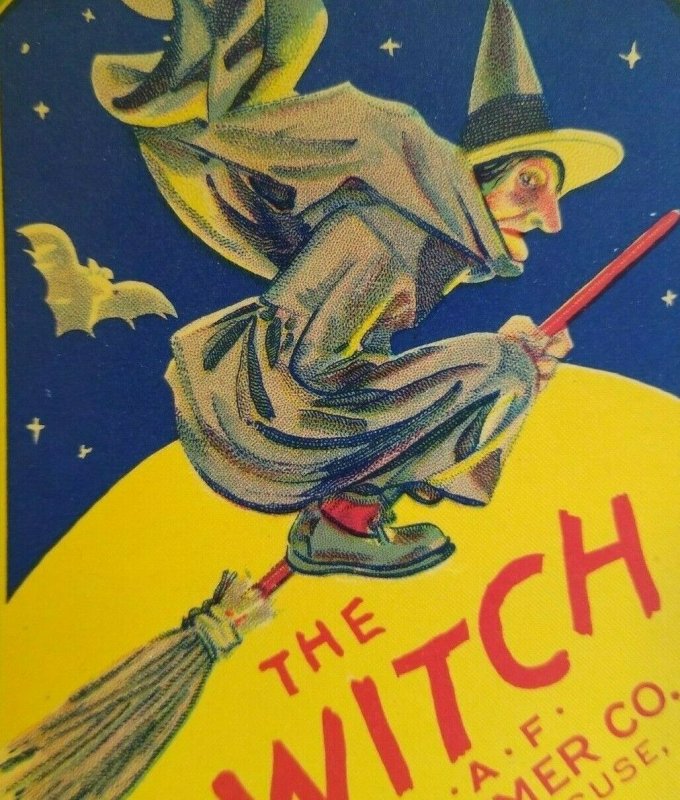 Halloween Vintage Flying Witch Broom Label Original 1920s Moon Stars Vampire Bat 