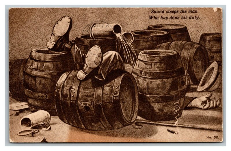 Vintage 1911 Comic Postcard Drunk Man Passed Out with Kegs of Beer - FUNNY