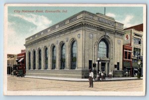 Evansville Indiana IN Postcard City National Bank Building Exterior Scene 1915