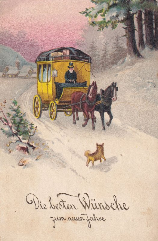 Austrian Dog Running To Horse & Cart Christmas Old Postcard