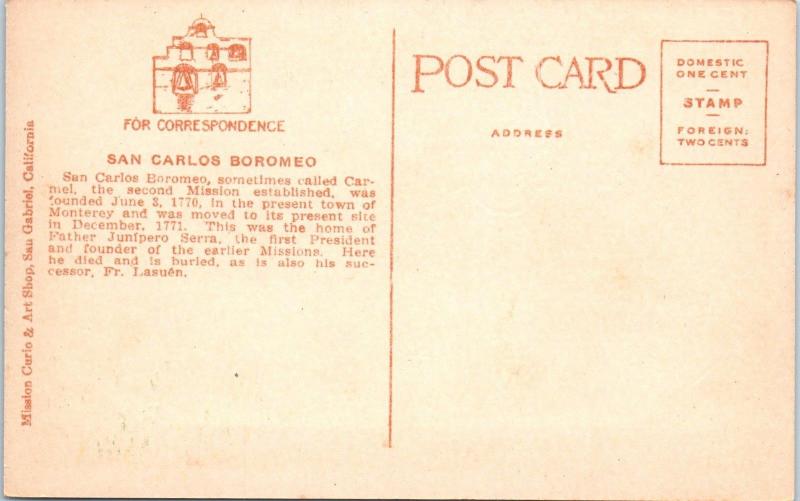 CARMEL, California  CA     MISSION  San Carlos  BORROMEO    1910s       Postcard