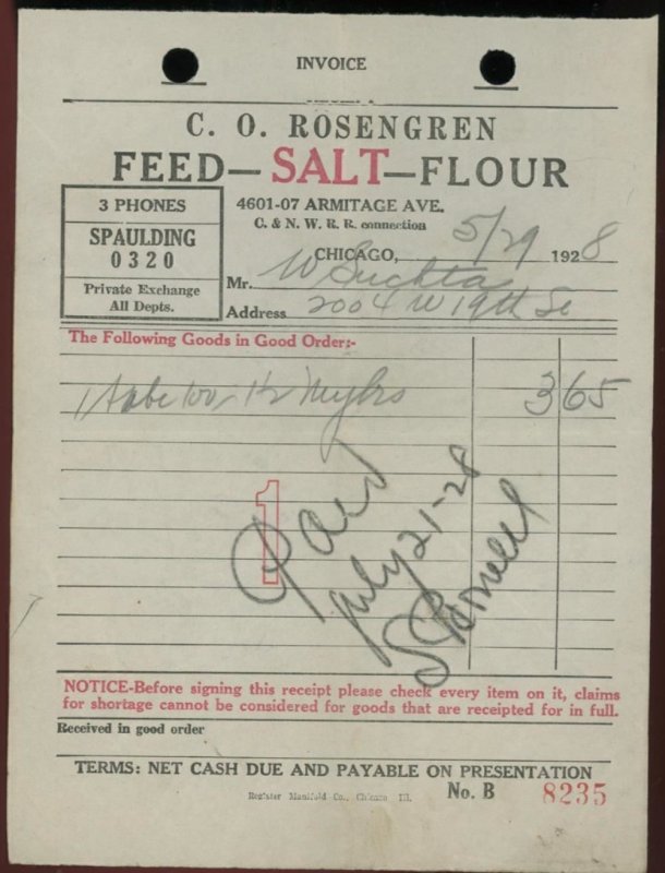 1928 CHICAGO IL C.O. ROSENGREN FEED-SALT-FLOUR ARMITAGE AVE  INVOICE 35-12