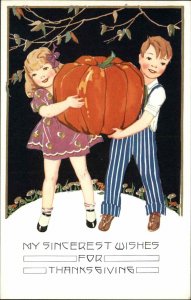 THANKSGIVING Little Boy and Girl w Giant Pumpkin Vintage Postcard