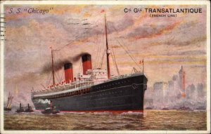 French Line Transatlantique SS Chicago NYC 1911 Cancel Passenger Msg PC