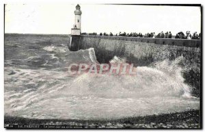 Old Postcard Le Treport The pier in stormy weather Lighthouse