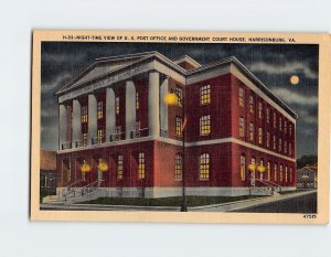 Postcard Night-Time View Of U. S. Post Office And Government Court House, VA