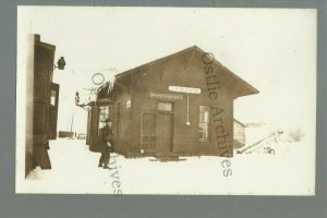 Curlew IOWA RPPC c1910 DEPOT TRAIN STATION Snow nr Emmetsburg Algona Spencer