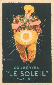 Food tins advertising Conserves Le Soleil Malines Dicker Mann artist postcard 