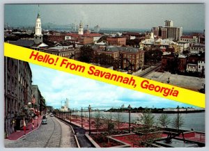 Downtown Area And Waterfront, Savannah, Georgia GA, Banner Postcard Split View